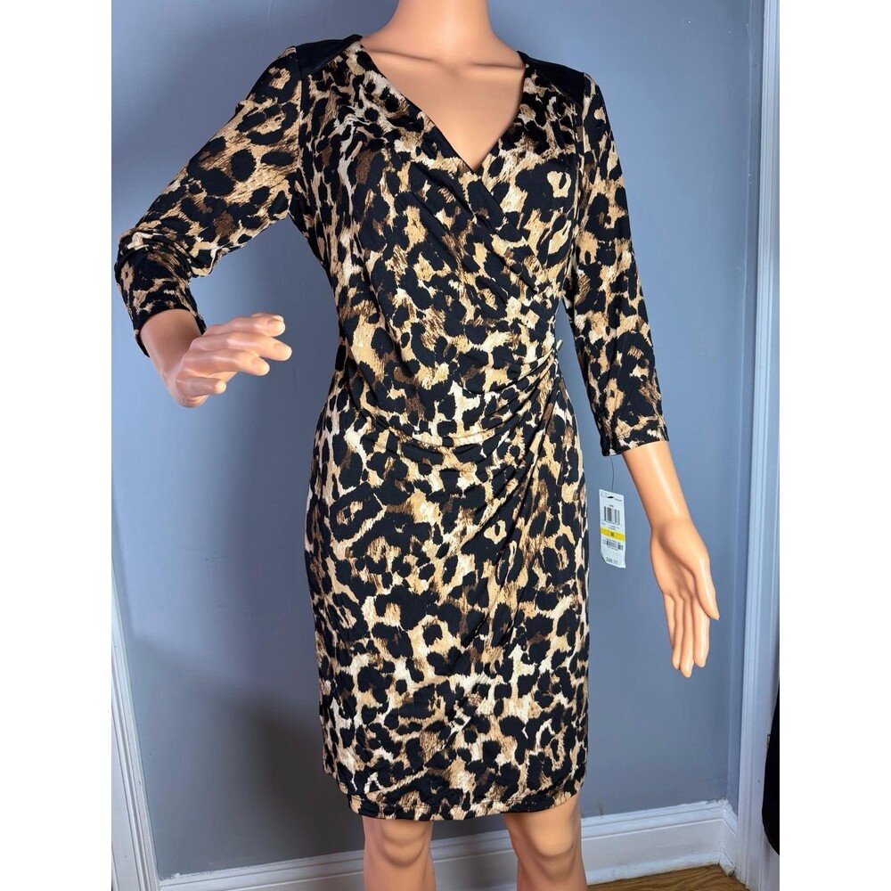 Thalia Sodi Womens Medium Leopard Print Wrap Dress Faux Leather Trim NWT $89.50.